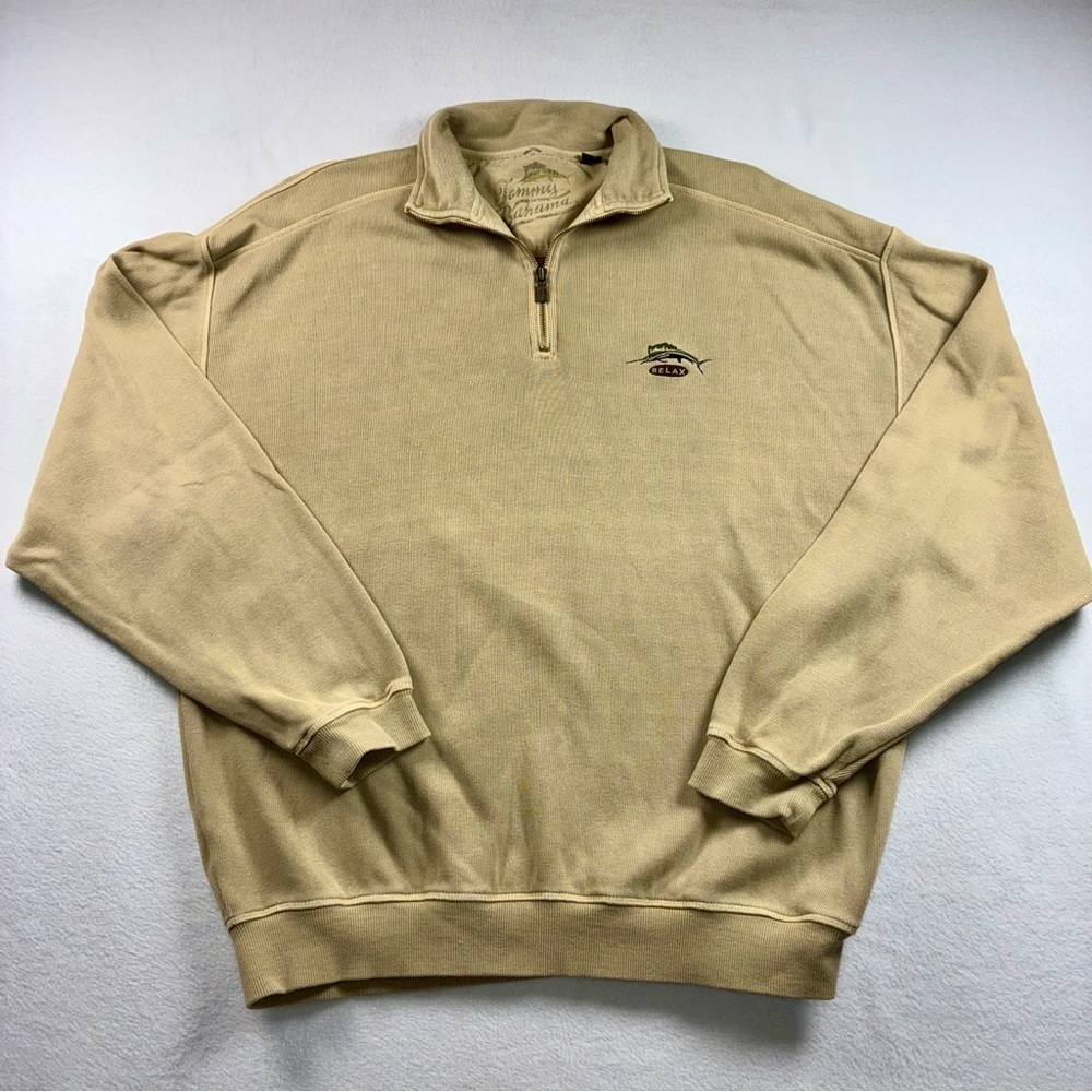 Tommy Bahama 1/4 Zip Relax Pullover Golf Sweater Sweatshirt Large Khaki